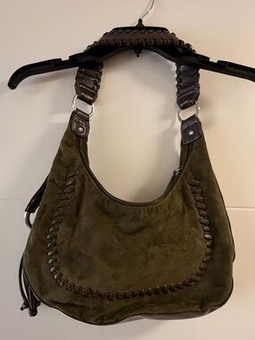 Olive Green Suede Hobo Bag with Braided Trim